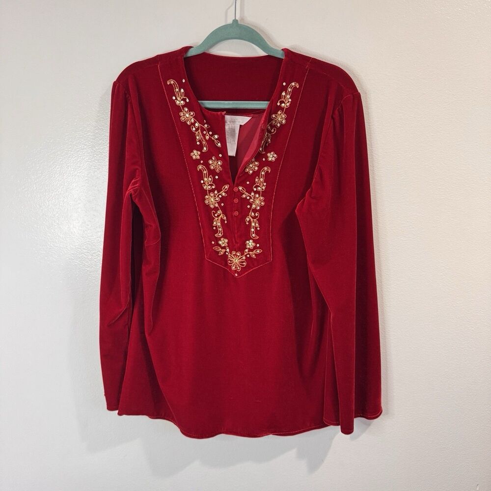 August Silk Sweater Shirt XL Velvet Red Gold Sequin Embroidery Holiday Party